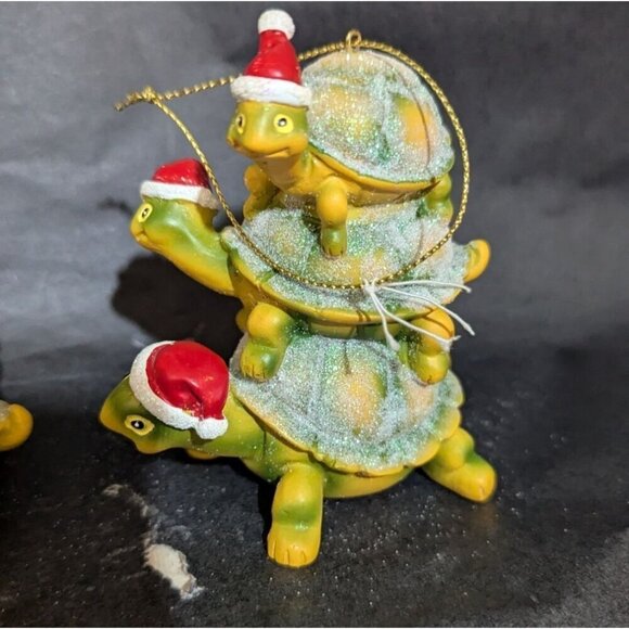 Glittery stacked Turtle Christmas Ornaments With Santa Hats - Set Of 2 - Picture 6 of 9